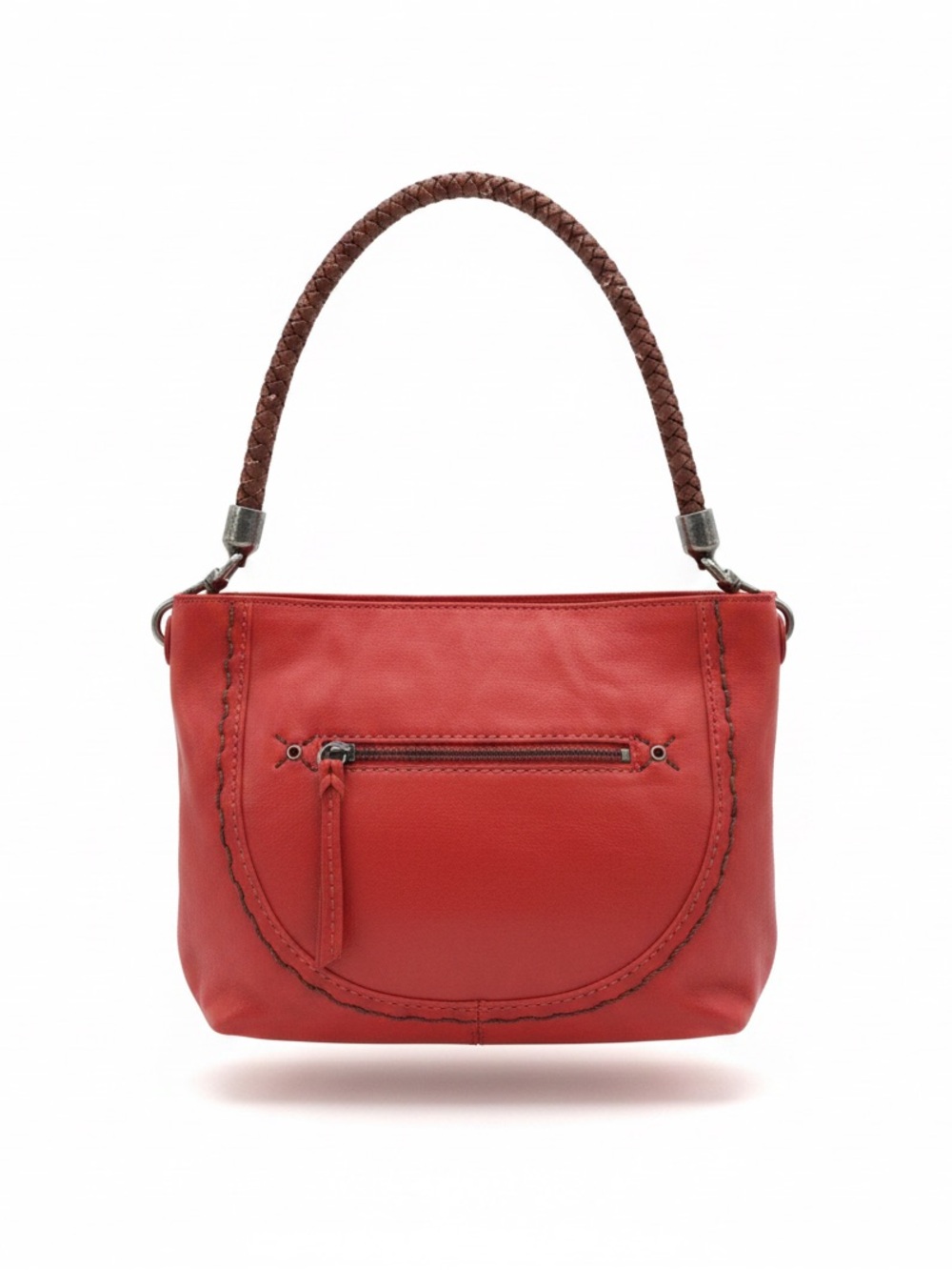 The Sak Red Leather Shoulder Bag Woven Handle Zip Pocket NWOT